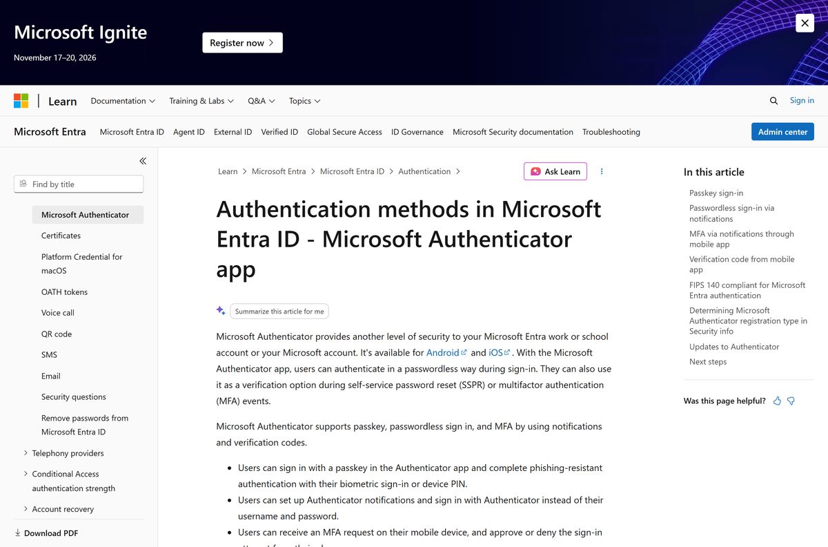 Reference page listing push, passkey and verification code sign-in methods