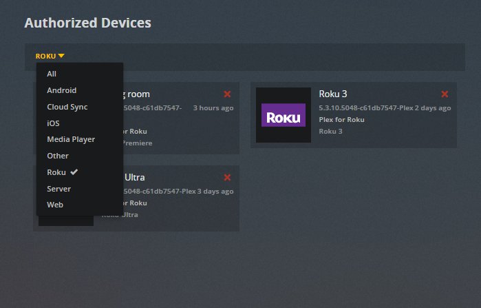 Authorized Devices list filtered to Roku with two linked players shown