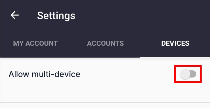 Authy Android Settings Devices tab with Allow multi-device switched off