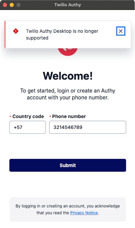 Authy Desktop welcome screen with a banner reading no longer supported