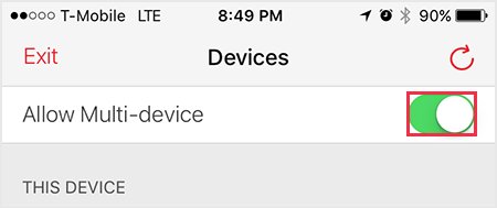 Authy iOS Devices screen with Allow Multi-device switched on