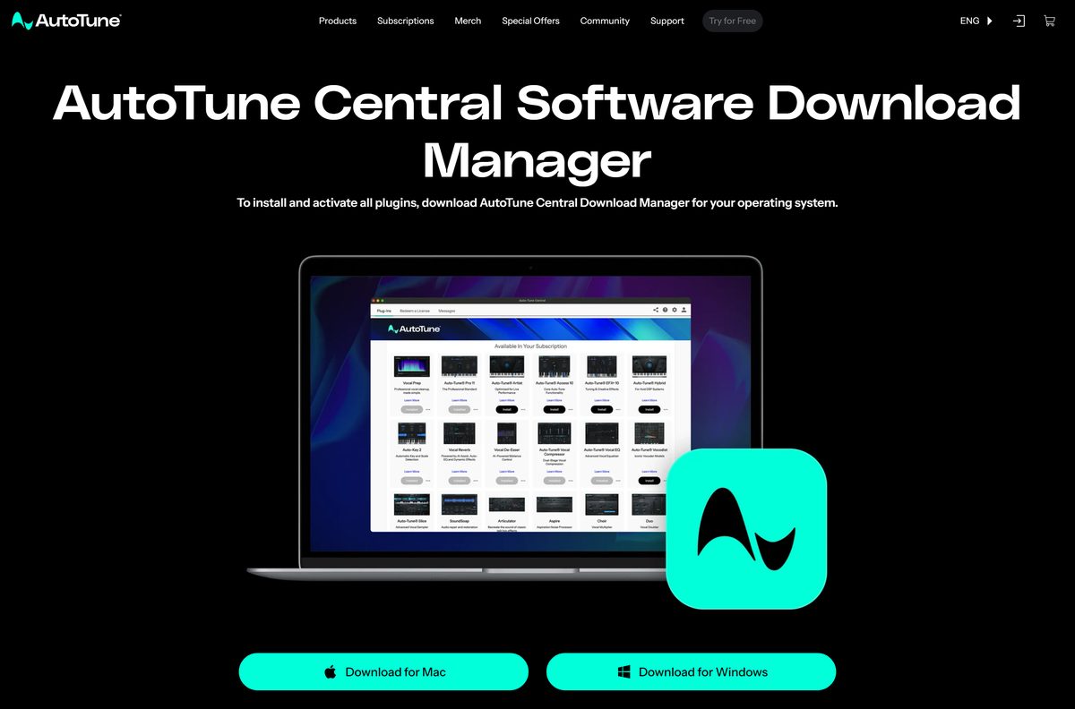 Antares download page with Windows and Mac buttons for Auto-Tune Central