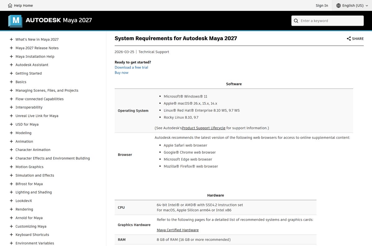 Maya 2027 requirements table for Windows, macOS and Linux