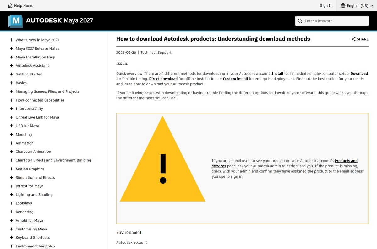 Autodesk help article comparing the four account download methods