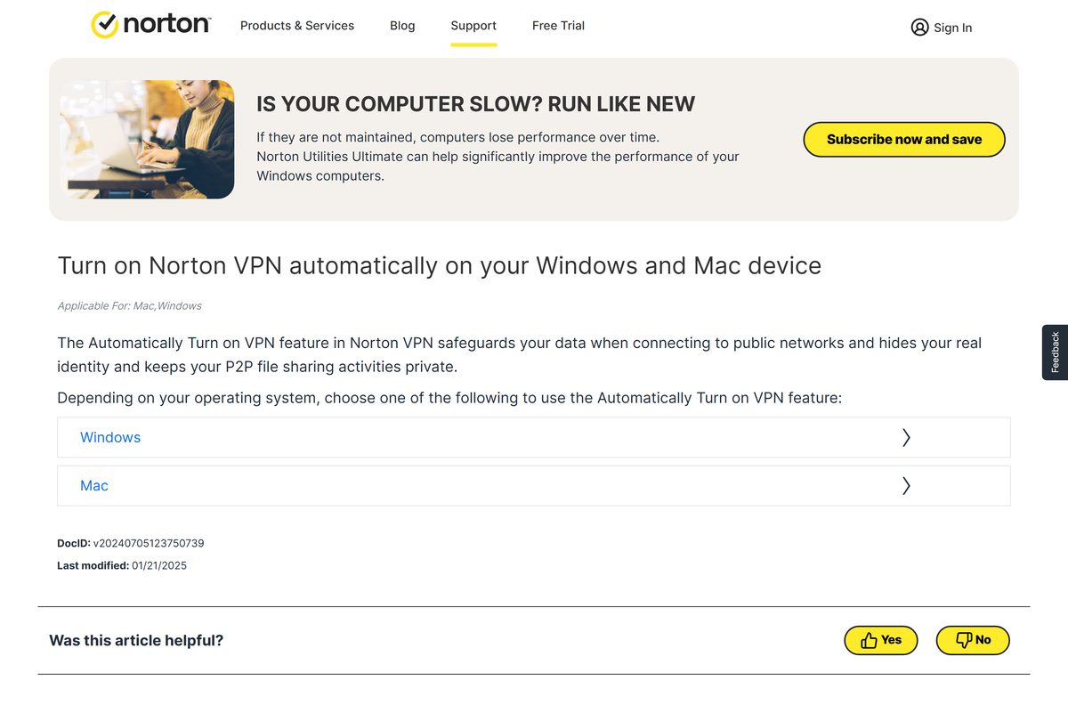 Norton VPN preferences tab showing the automatic connection options