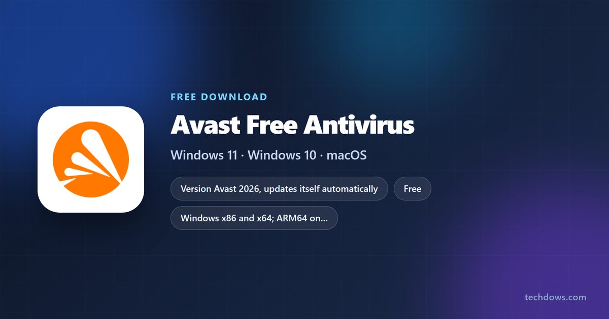 Spec card listing Avast Free Antivirus requirements, platforms and setup file