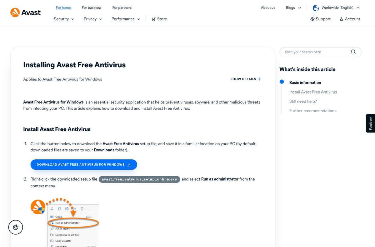 Support article listing install steps and Windows requirements for the free antivirus