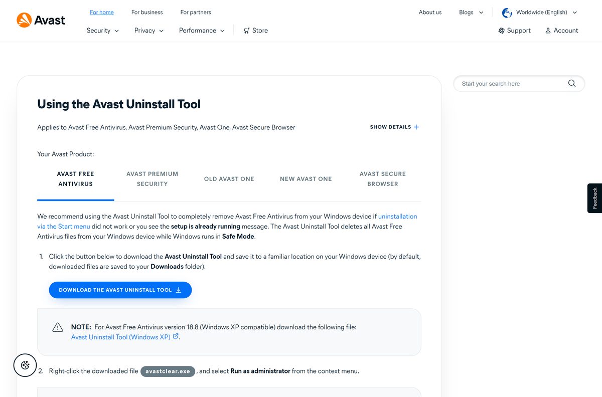 Avast Support page explaining the uninstall tool and its Safe Mode steps