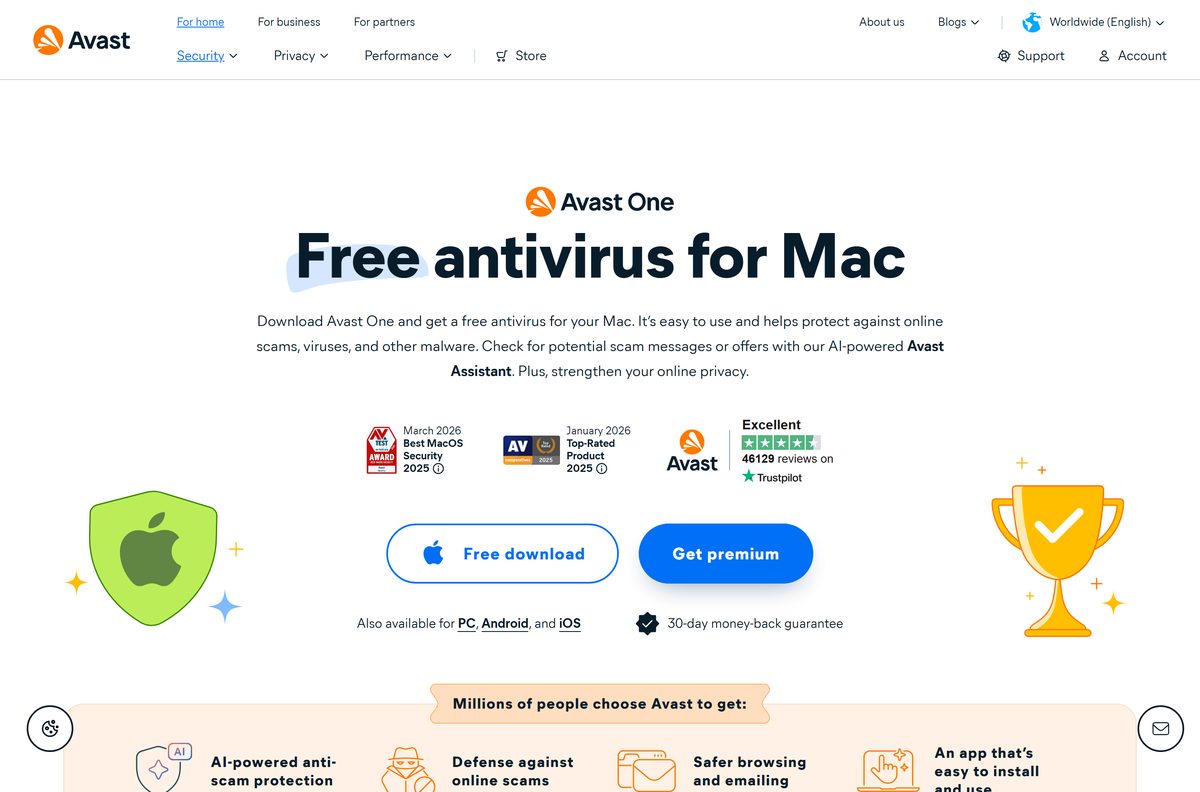 Avast page for free Mac security with its download button and features