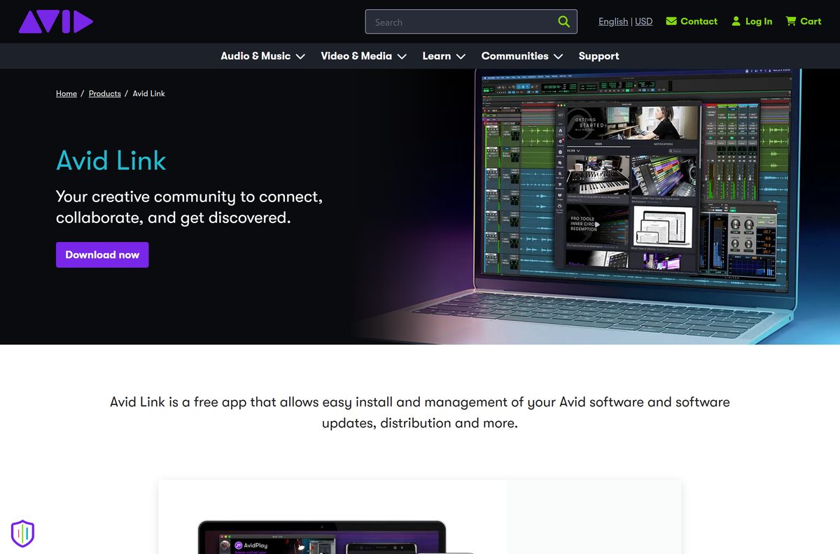 Avid Link product page showing the Windows and macOS download buttons