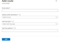 Azure Add route form with empty destination prefix and next hop fields
