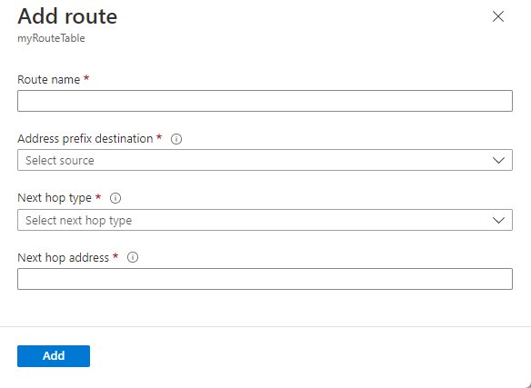 Azure Add route form with empty destination prefix and next hop fields