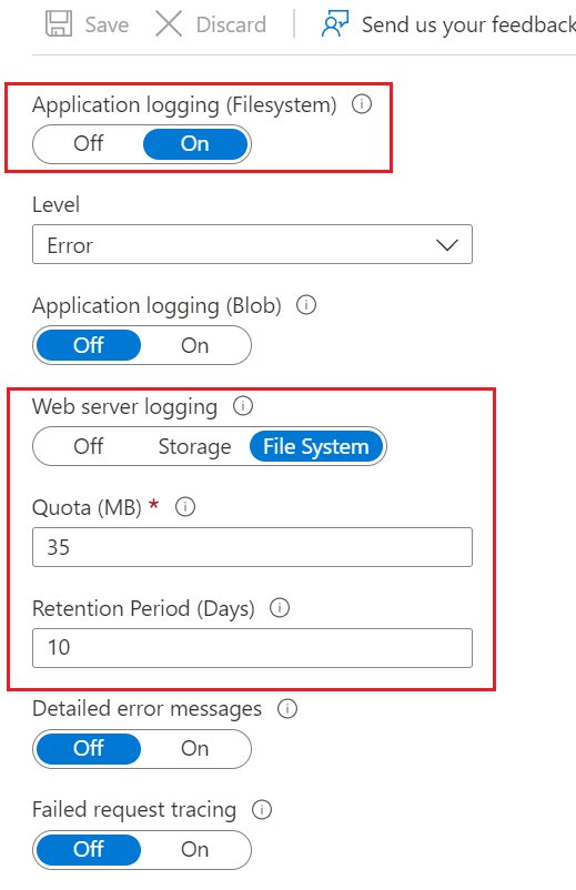 Azure App Service diagnostics page with web server logging turned on