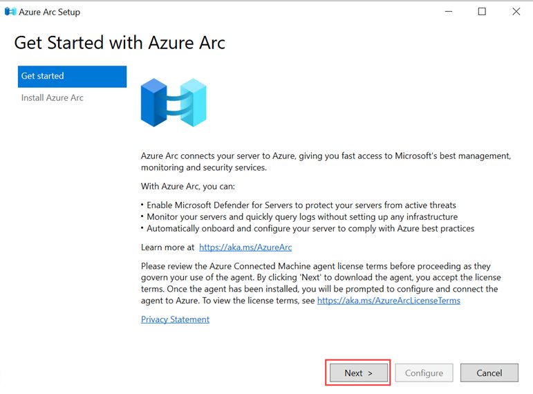 Azure Arc Setup wizard Get Started screen with Next button