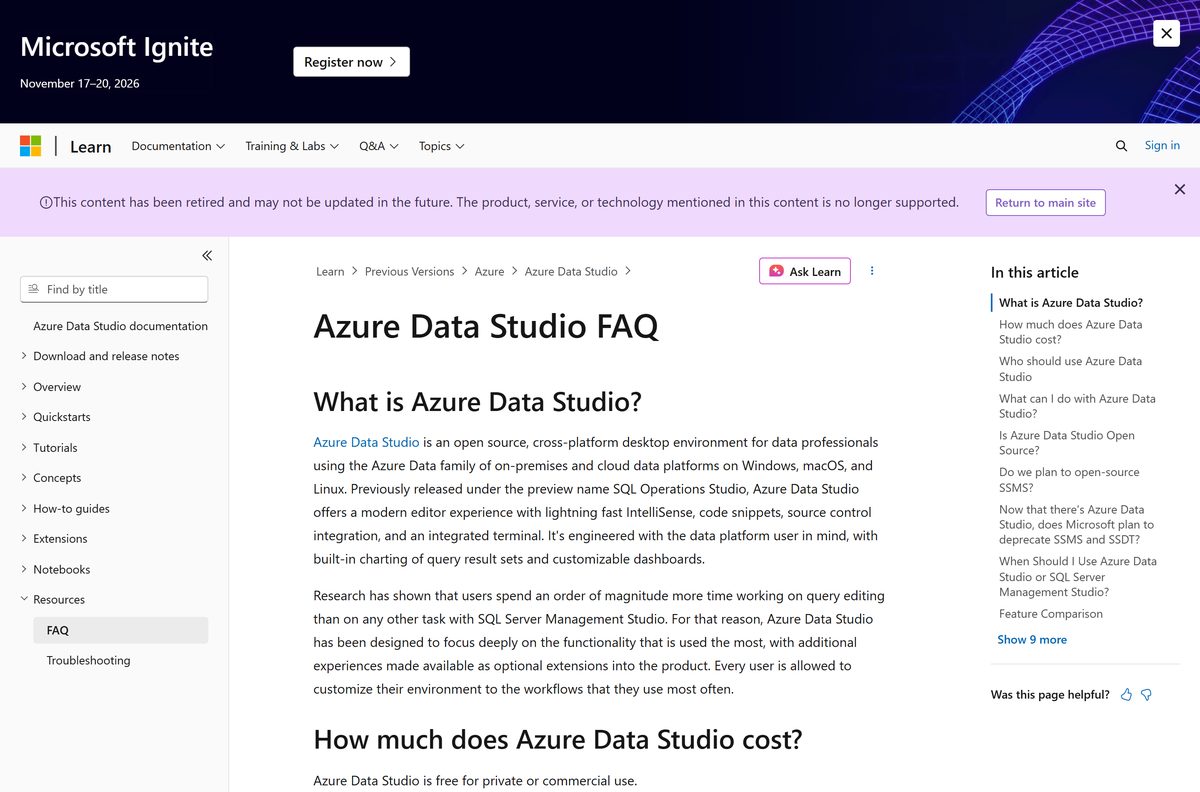 Azure Data Studio FAQ page answering the question about cost