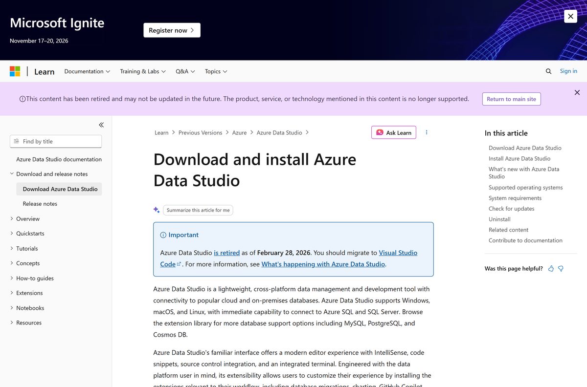 Microsoft Learn page listing Azure Data Studio installers for each platform