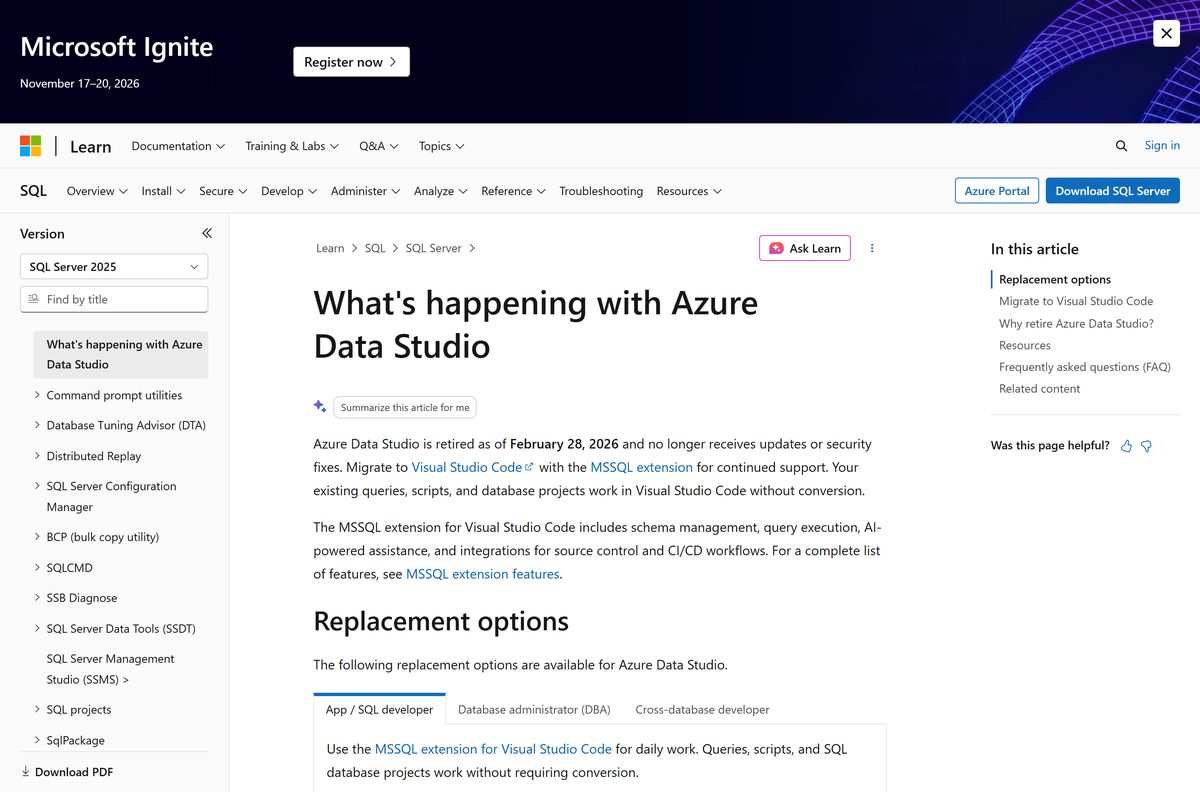 Microsoft Learn notice giving the retirement date and the replacement tool