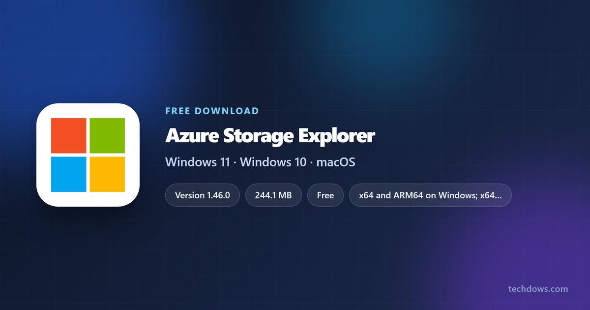 Azure Storage Explorer card with version, file size and supported systems