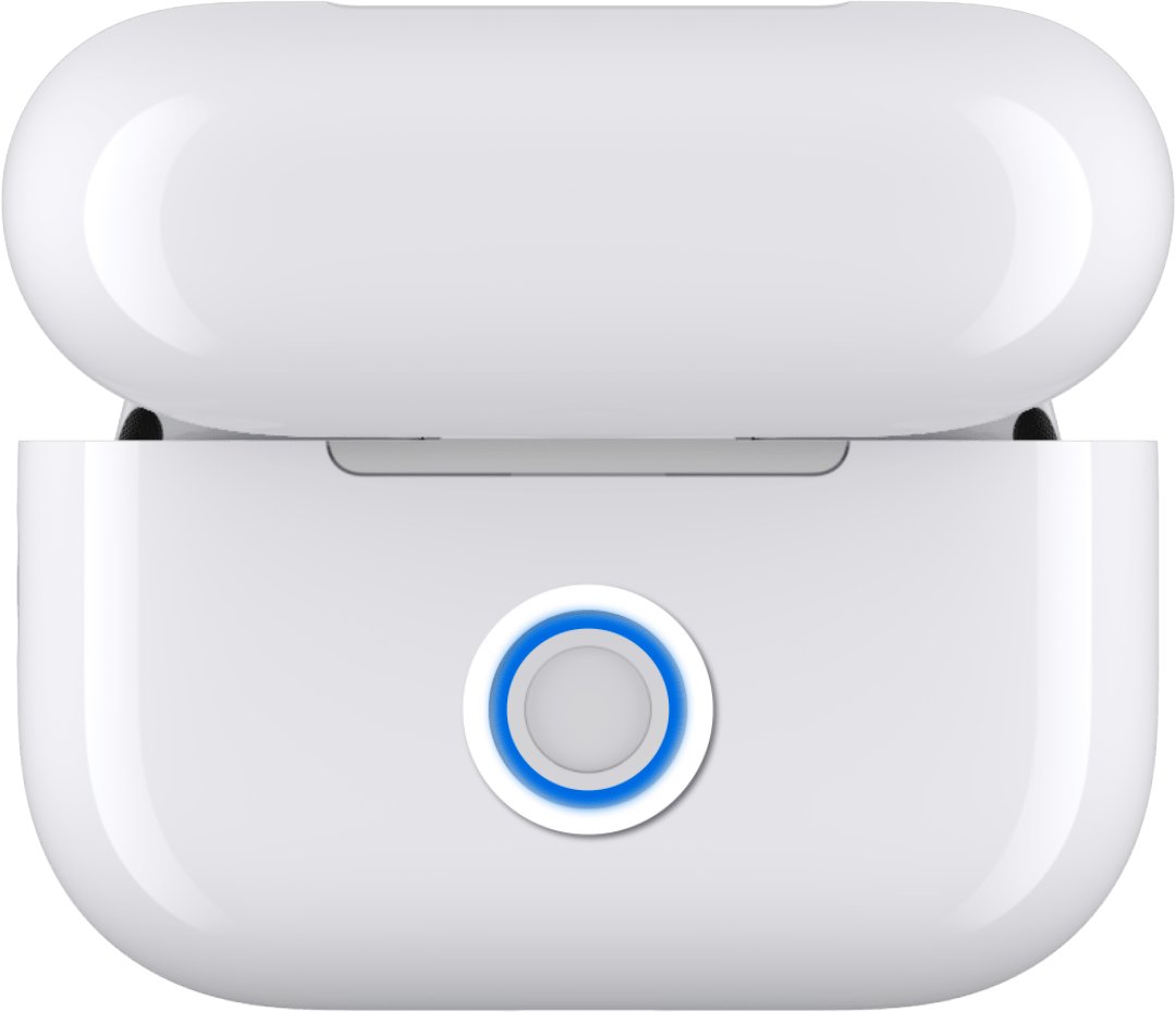 Back of an AirPods case showing the lit setup button