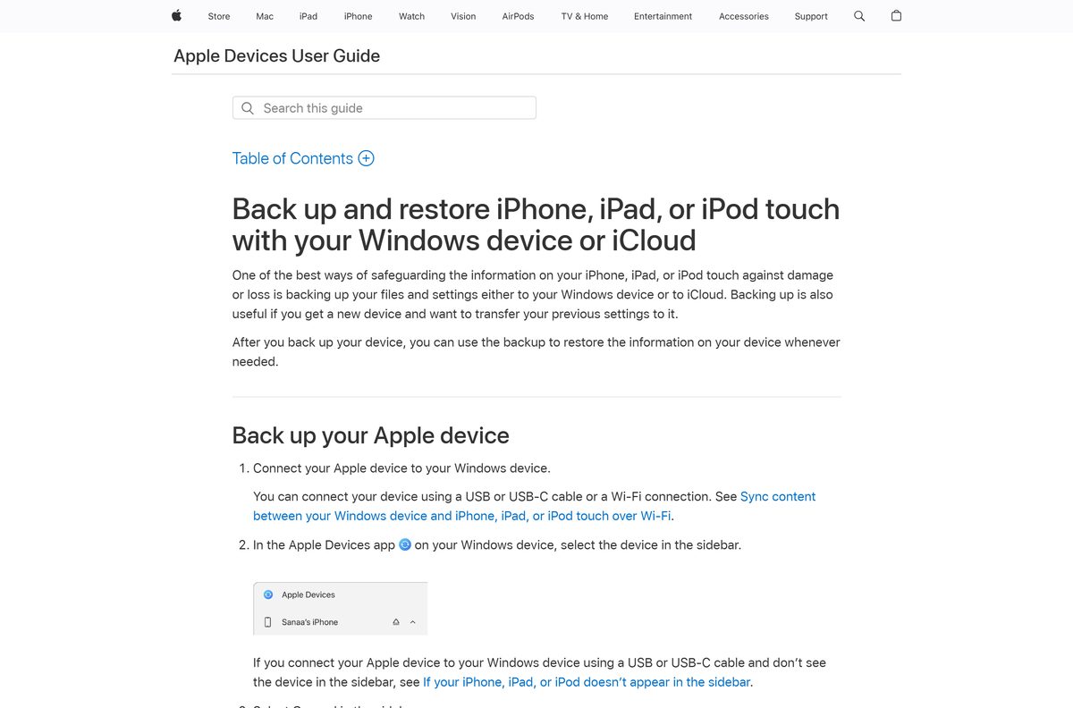 Apple Devices guide page for backing up and restoring an iPhone