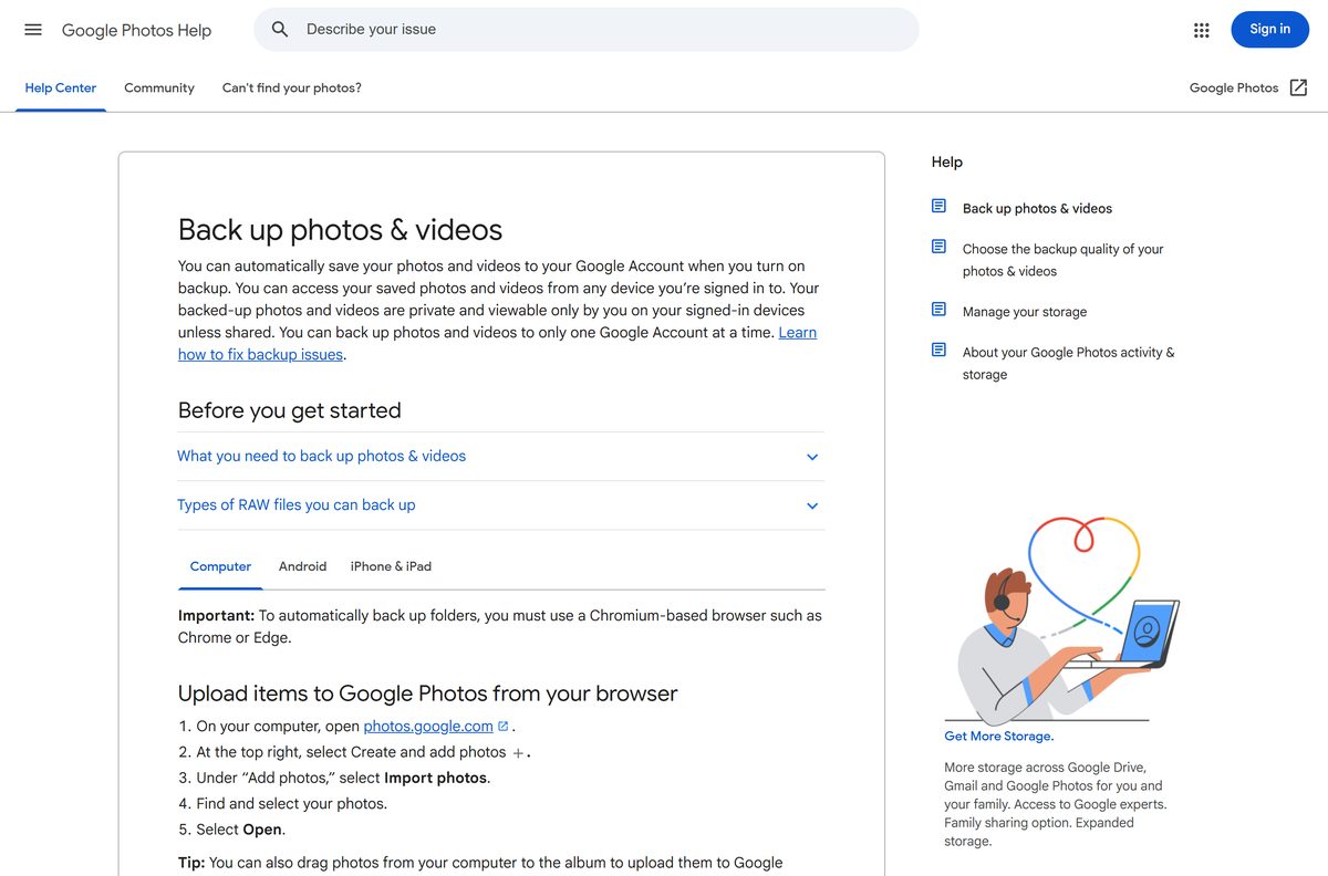 Google help page with steps to back up computer folders