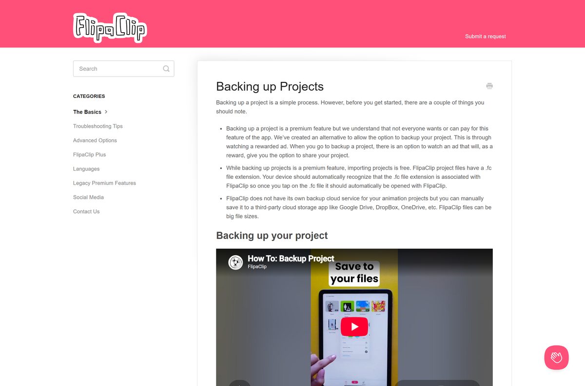 FlipaClip help steps for backing up a project file