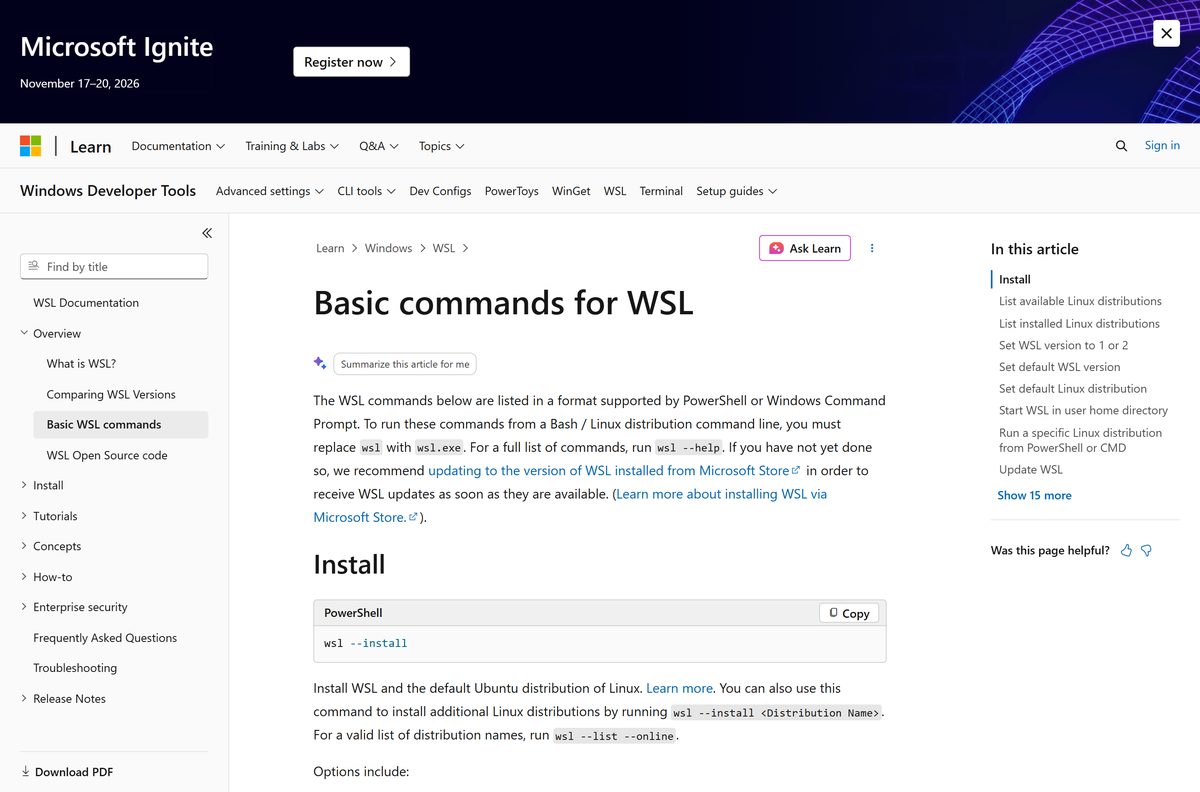 Command reference page listing install, update, status and unregister options