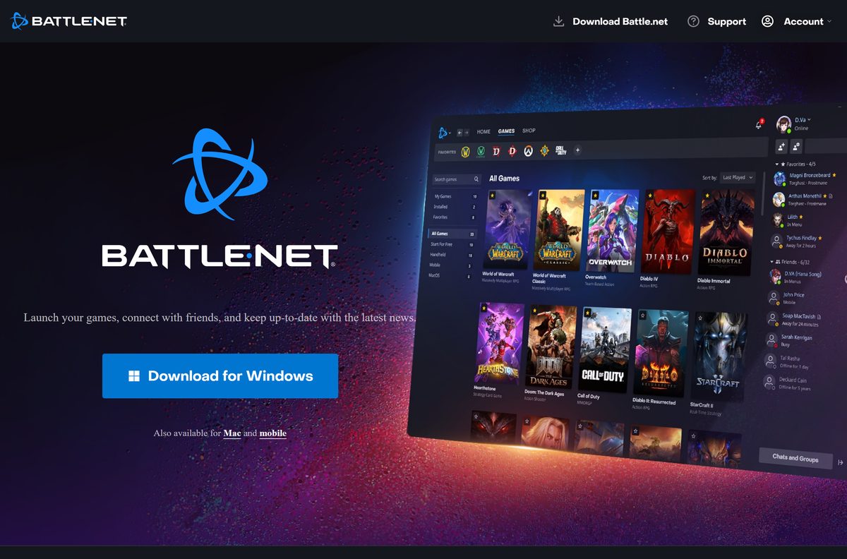 Blizzard download page with Windows and Mac buttons for the launcher
