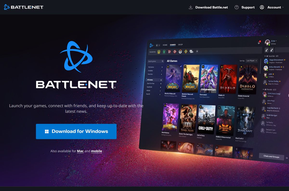 Blizzard download page for Battle.net with Windows and Mac buttons