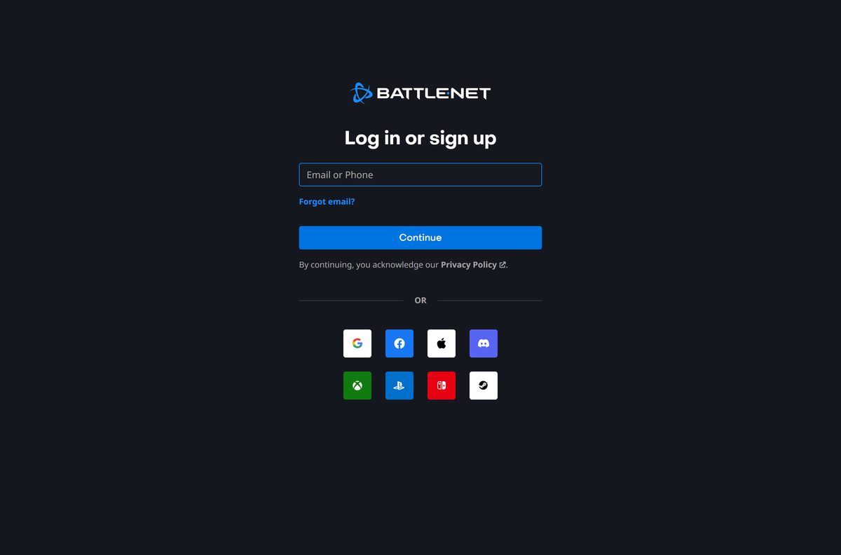 Battle.net sign-in screen asking for an email to log in or sign up