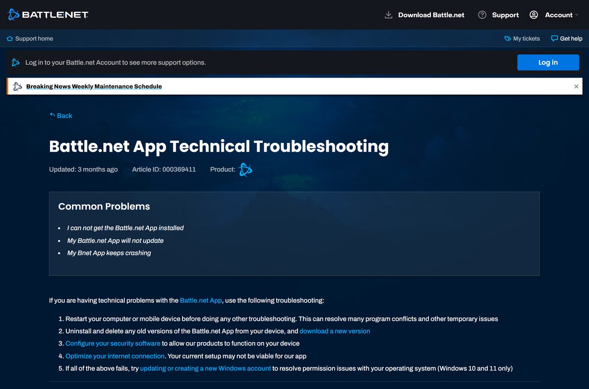 Blizzard Support article on Battle.net app install and update problems