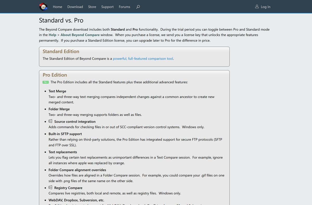 Beyond Compare Standard versus Pro feature comparison page