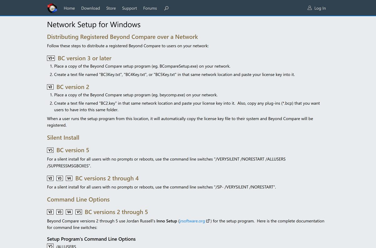 Beyond Compare network setup guide listing silent install switches