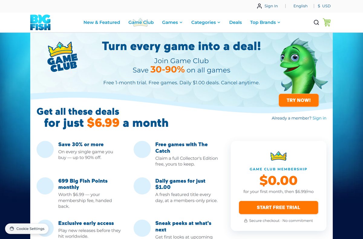 Big Fish Game Club page showing the monthly membership price