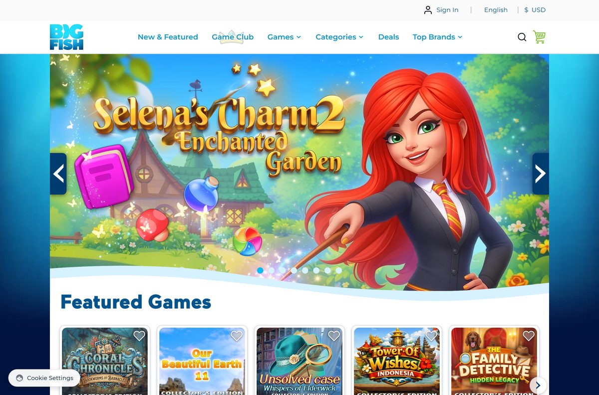 Big Fish store home page with featured and top games