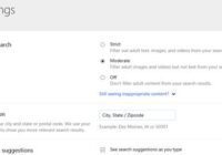 Bing Settings page showing Strict, Moderate and Off SafeSearch options