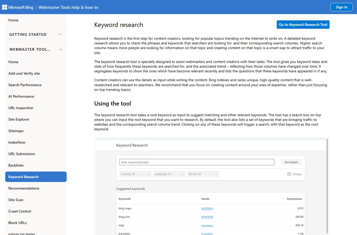 Bing Webmaster Tools Keyword Research page showing filters and suggested keywords table