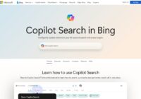 Bing results page with a callout pointing to the Copilot icon