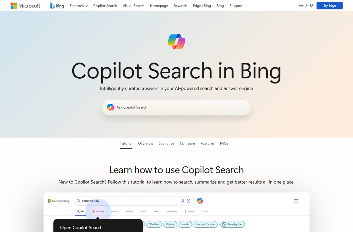 Bing results page with a callout pointing to the Copilot icon