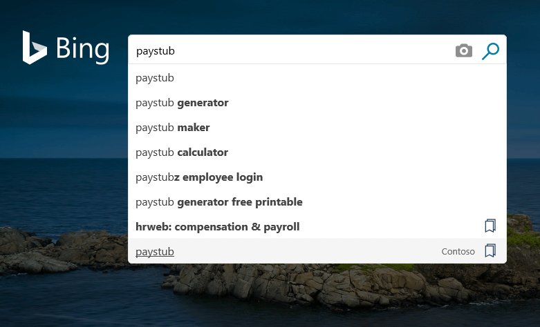Bing search box dropdown showing predicted completions for the query paystub