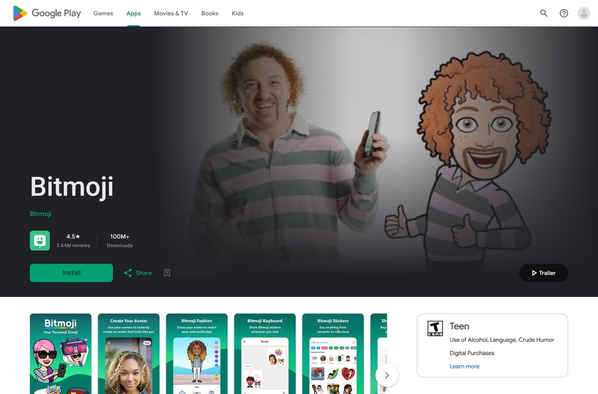 Google Play listing for Bitmoji with its rating and downloads