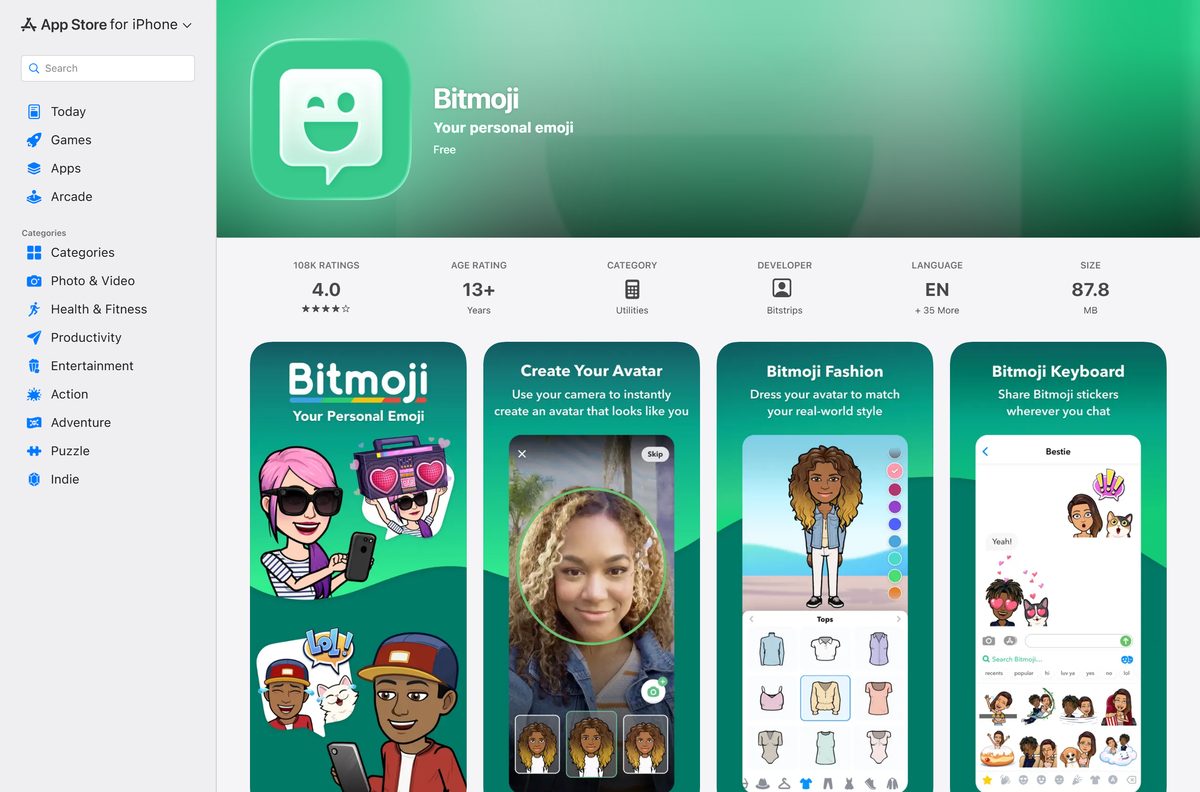 App Store page for Bitmoji showing its size and rating