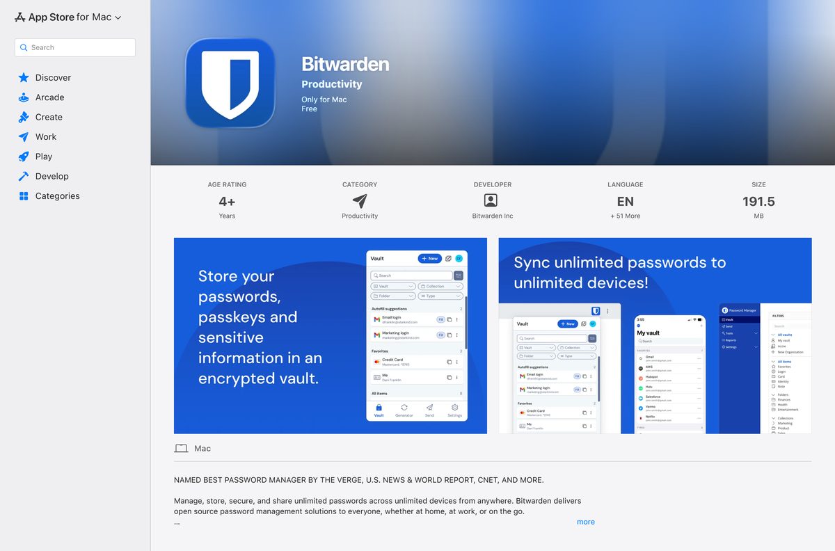 Mac App Store page for Bitwarden showing size and macOS requirement