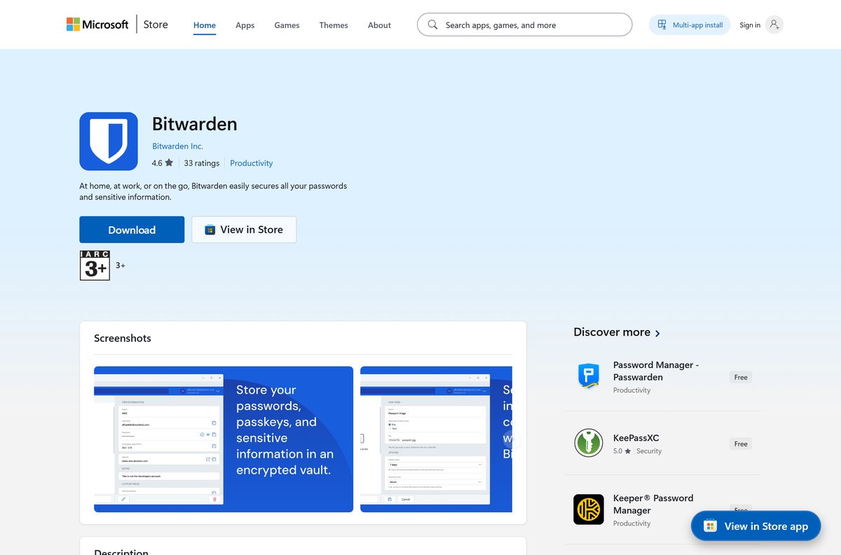 Microsoft Store listing for Bitwarden showing the publisher and price