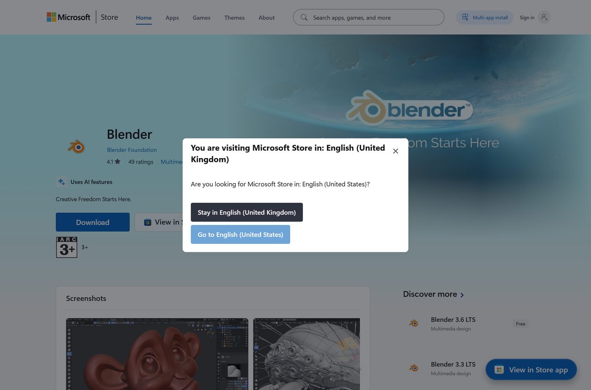 Microsoft Store listing for Blender with its publisher and rating