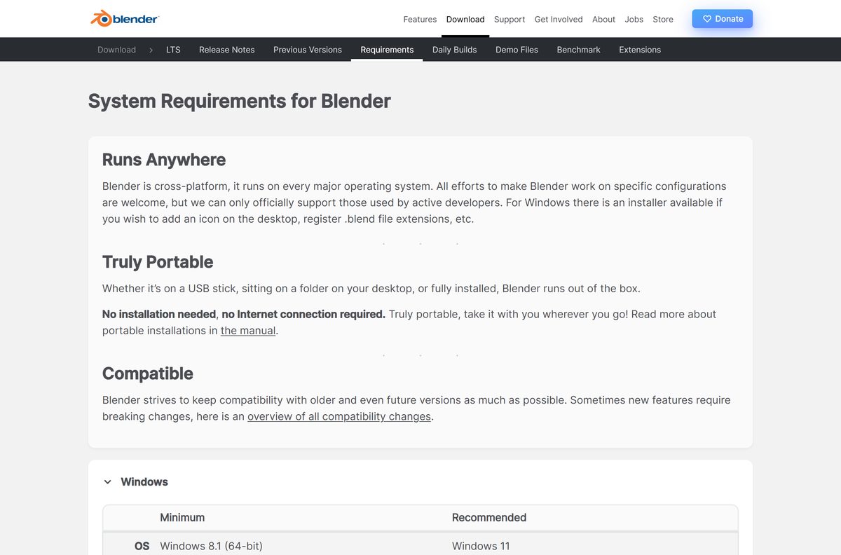 Blender requirements page comparing minimum and recommended hardware