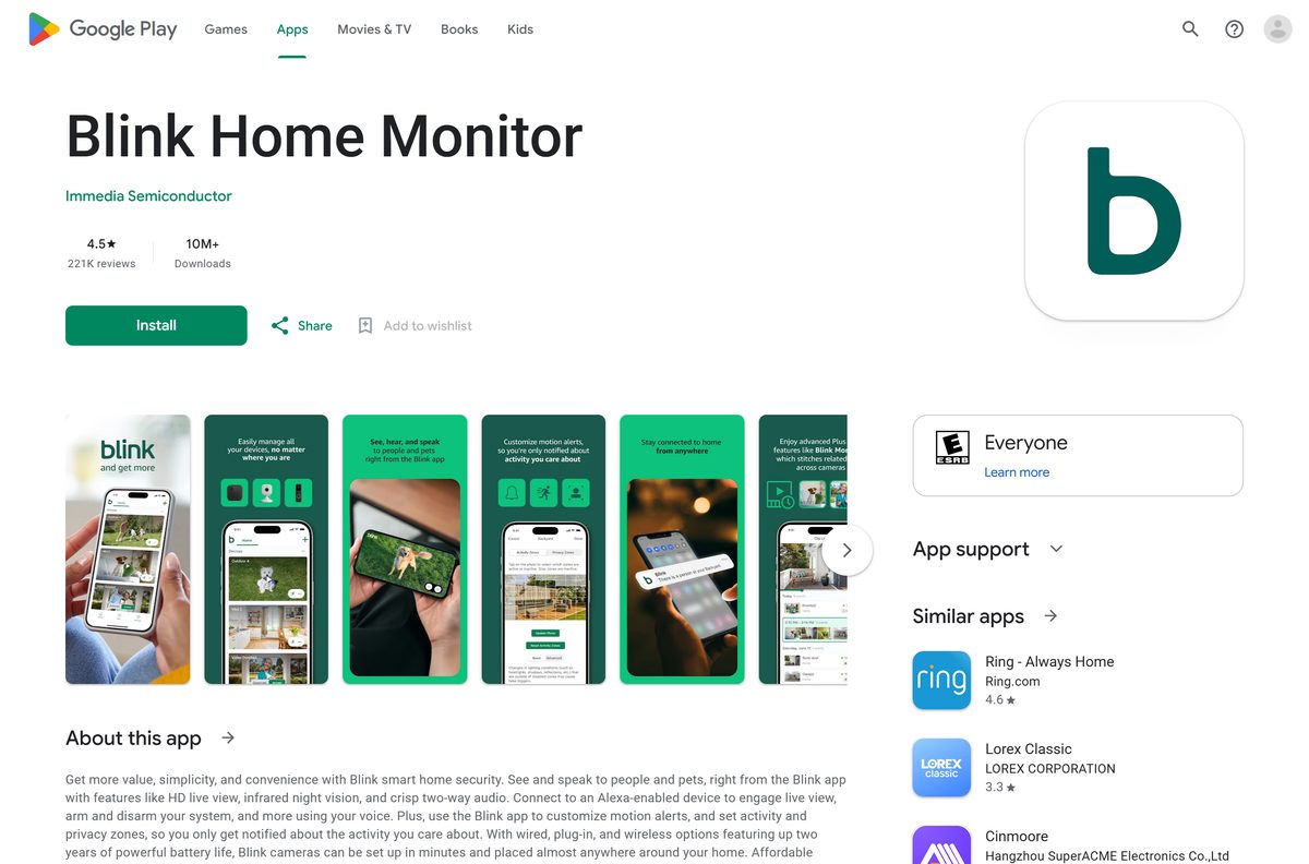Google Play listing for Blink Home Monitor with its download count