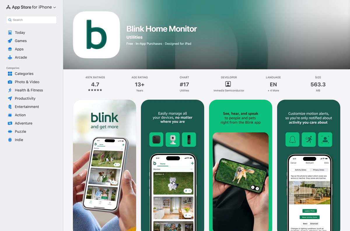 App Store page for Blink Home Monitor with its size and rating