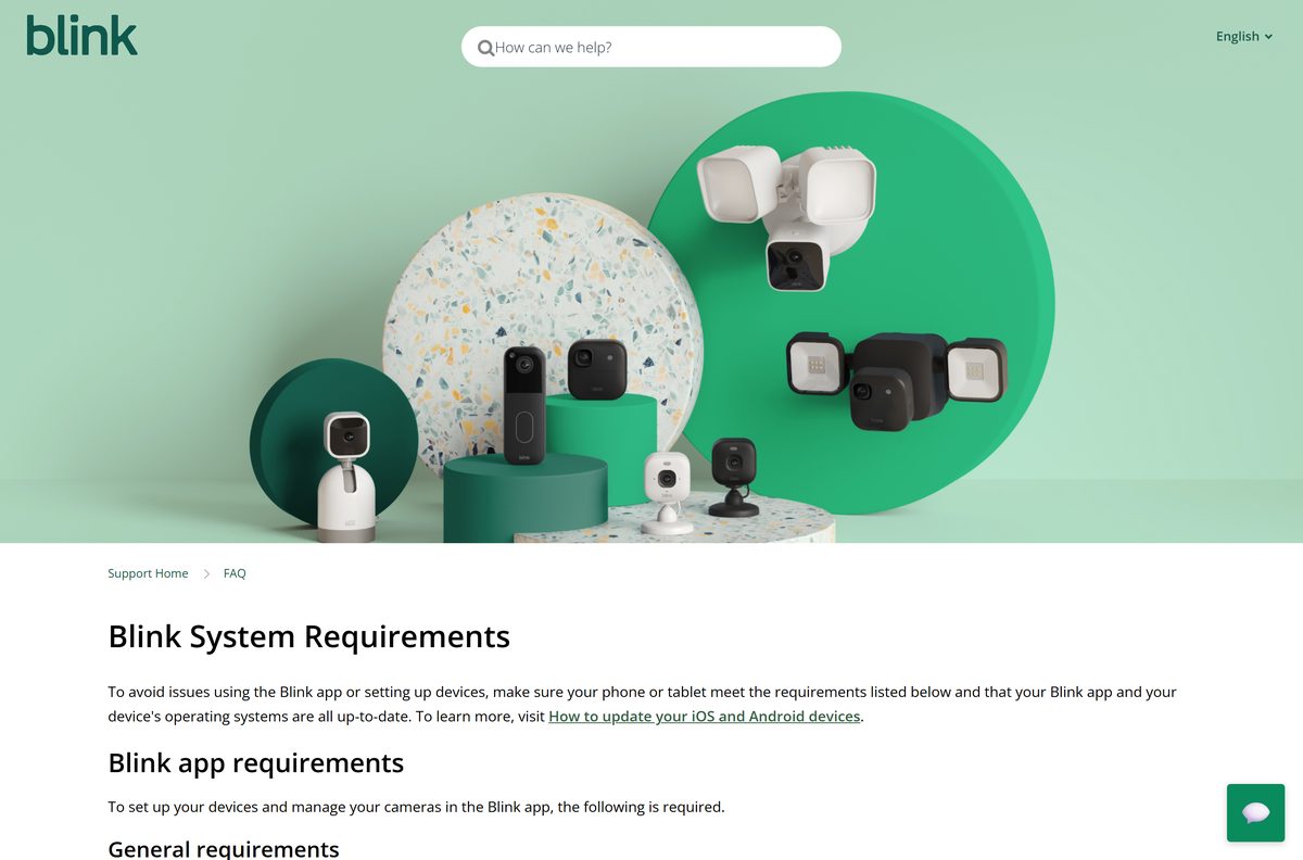 Blink support page listing phone, tablet and Wi-Fi requirements