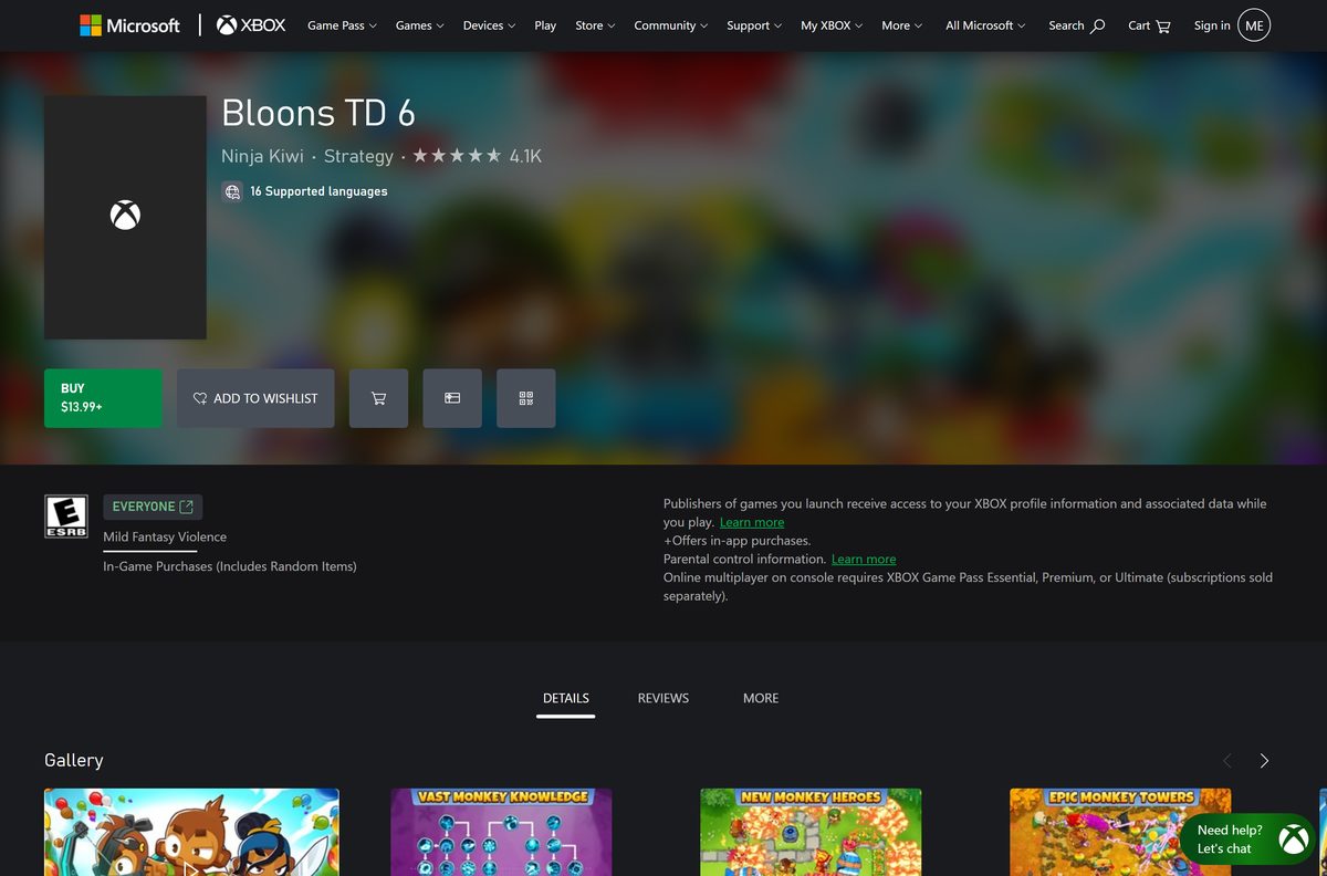 Microsoft Store page for Bloons TD 6 on Windows PC